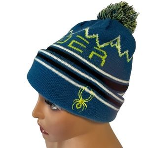 SPYDER Unisex Toboggan Beanie fleece lined pompom blue green white black NWOT